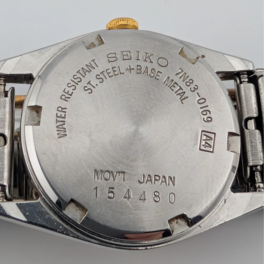 Seiko 7N83-0169 Two Tone‎ Day Date Sapphire Crystal Watch Lume